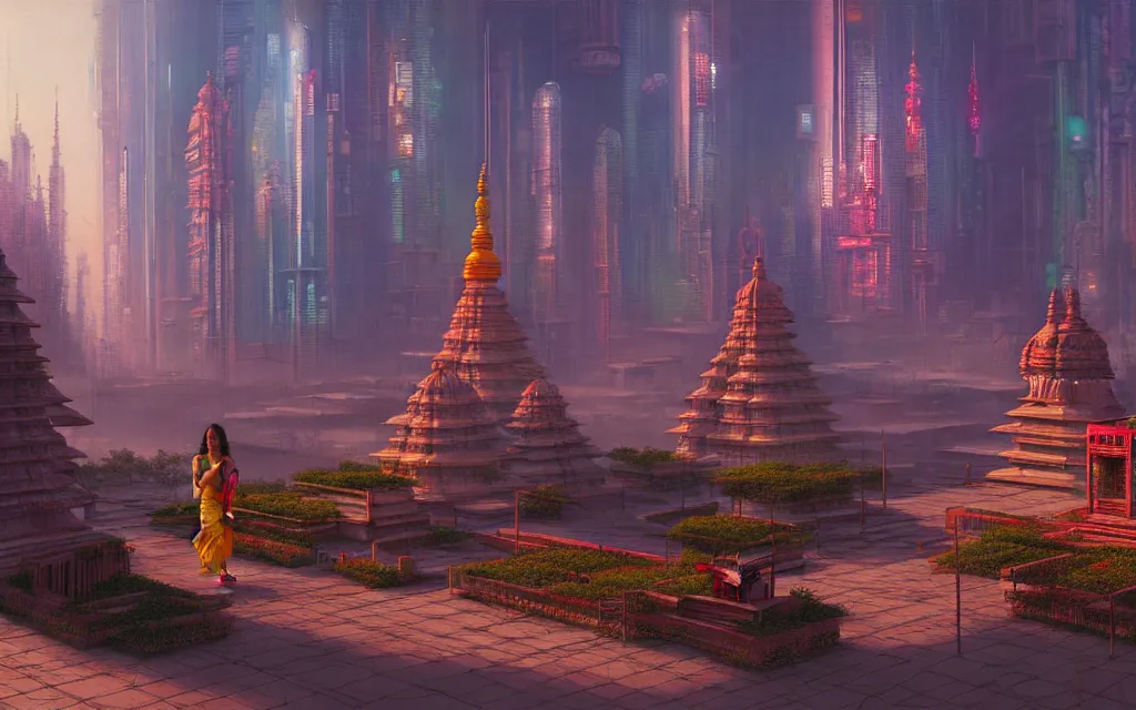 Image similar to cyberpunk indian temple, no people, city in background, drawn by feng zhu, sparse plants, dim painterly lighting volumetric aquatics, impasto