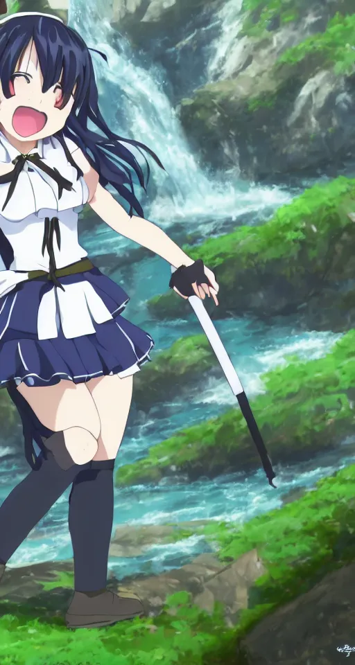 Prompt: high quality anime-style image of Hestia from Is It Wrong to Try to Pick Up Girls in a Dungeon wearing a plaid schoolgirl skirt, green curled pigtails hair, standing near a waterfall, 4k, digital art, wallpaper