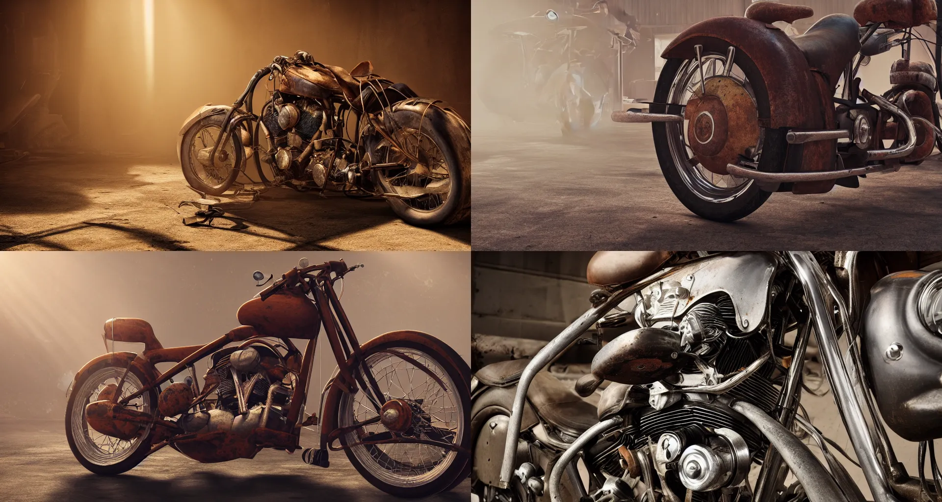 Prompt: a Close up photograph of a rusty 1950's Harley Davidson chopper in a dusty repair shop, soft lighting, crepuscular rays, realistic octane render, 8k, ultra detailed, concept art