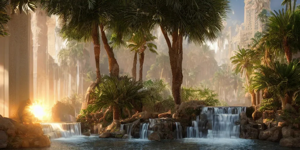 Image similar to beautiful oasis waterfalls surrounded by palm trees, moroccan tile archways, date trees, ivory towers, sun setting, ross tran, nephilim, pyroclastic flow, ethereal, fantasy, james jean, oozium, peter morbacher angelarium alchemy luxury heavenly light soft illumination, trending on artstation, cinematic lighting, digital painting, octane render, artgerm