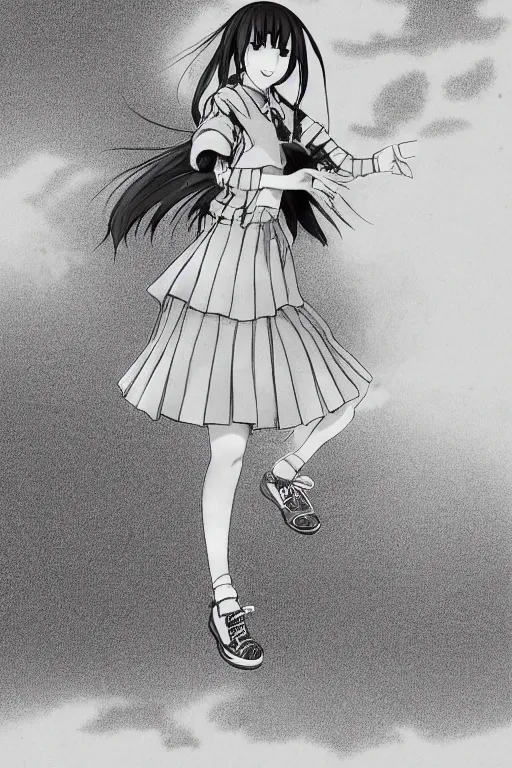 Image similar to A japanese manga high school girl, full body, high detail portrait, jump, hakusensha