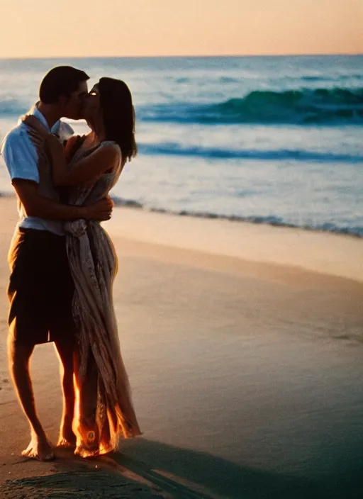 Image similar to A hyper realistic and detailed photography of a couple kissing from movie Here to Eternity on beach. by David Dubnitskiy. Cinematic. Golden Hour. Kodak Portra 400. Lens flare. 35mm lens