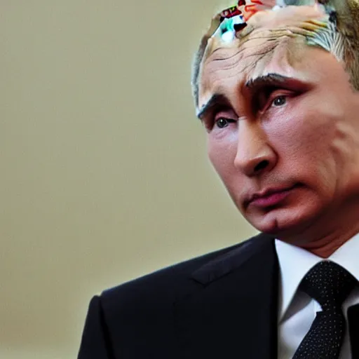 Image similar to Vladimir Putin crying like a baby, dressed in prisoner clothes, with handcuffs,