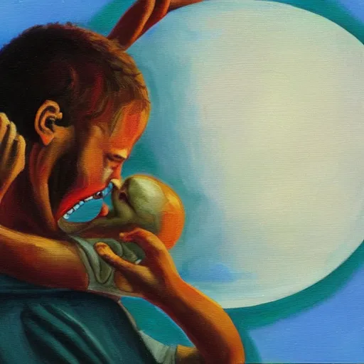 Image similar to stock photo of Saturn eating his child, oil on canvas, trending on artstation, deviantart