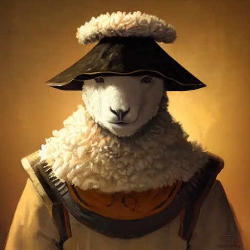 Image similar to old renesaince painting of a sheep face, royal guard suit from 1 7 th century, serious look, highly detailed, sheep face, portrait painting, artstation, concept art, greg rutkowski