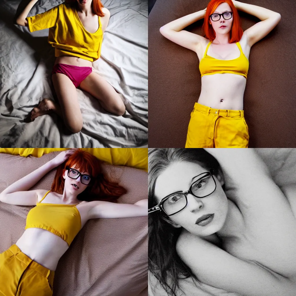 Prompt: photograph of a beautiful seductive slim redhead woman with glasses wearing a yellow shirt one shoulder bare short pants lying on a big bed conjuring a demon occult