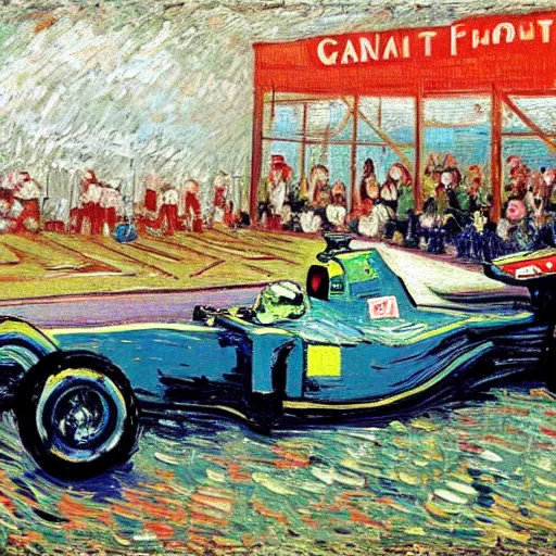 Image similar to formula 1 racing as painted by van gogh, surreal and detailed