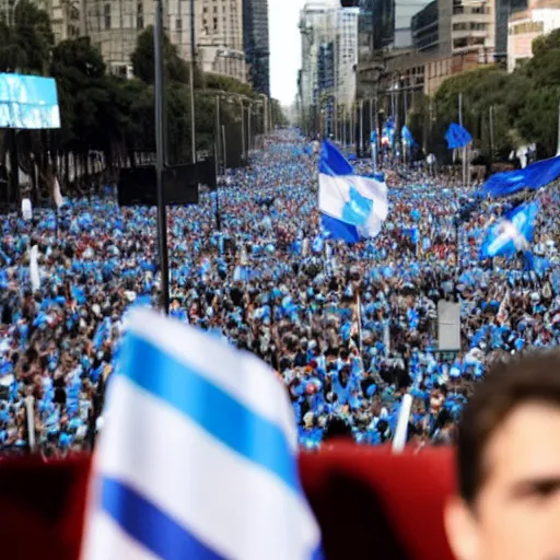 Image similar to Lady Gaga as president, Argentina presidential rally, Argentine flags behind, bokeh, giving a speech, detailed face, Argentina