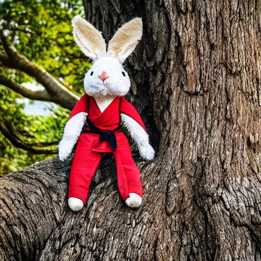 Prompt: a plush rabbit hand stitched with love and years of wear and tear now sat alone in thought wearing an old hand sewn karate uniform underneath a great old oak tree with big soft rabbit ears, photography, photorealistic, national geographic, sesame street