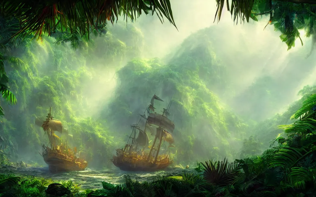 Image similar to a large pirate ship in a dense jungle, misty background, light rays, beautiful lighting, vivid colors, intricate, elegant, highly detailed digital painting, concept art, smooth, sharp focus, unreal engine, 4 k wallpaper, trending on cgsociety, trending on artstation