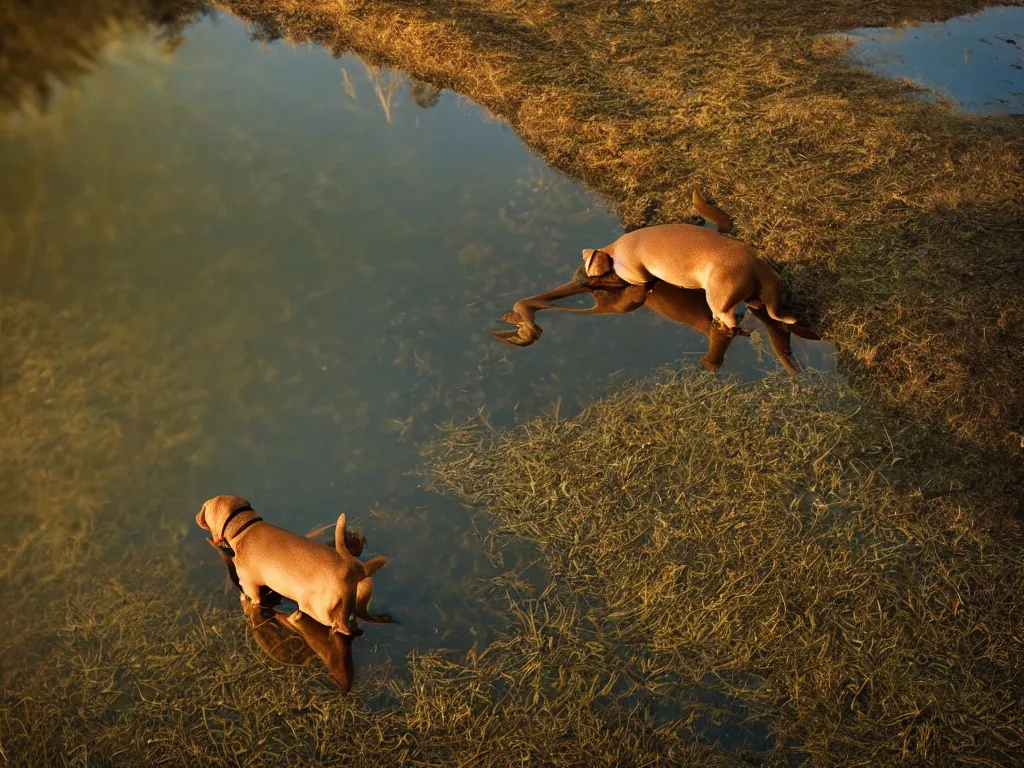 Image similar to a dog looking down at its reflection in water, ripples, river, beautiful!!!!!! swiss forest, photograph, golden hour, octane render, high resolution