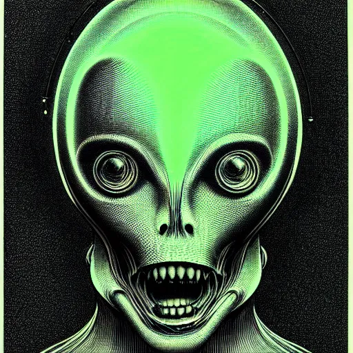 Prompt: portrait top light, by killian eng and joe fenton and h r giger, inspired by alien movie 1 9 7 9, green duotone print, etching, fine, sharp high detail,