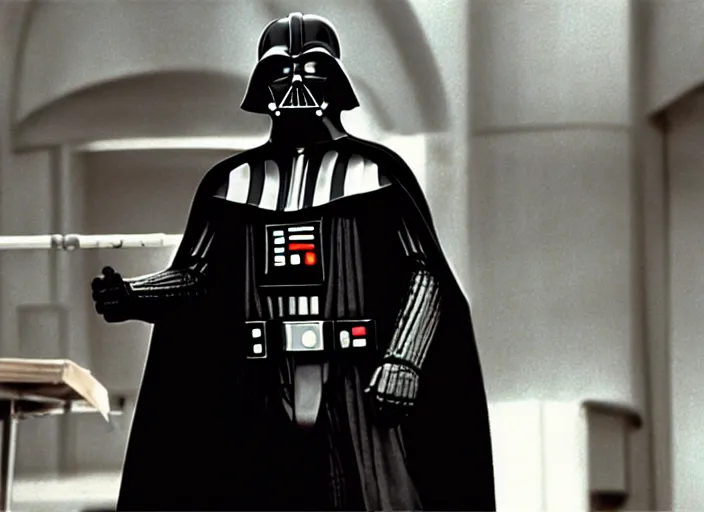 Image similar to film still of Darth Vader as Dante in Clerks movie 1994