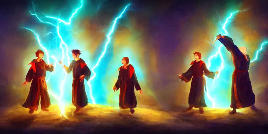 Prompt: a mage and his brother they are in front of the desk working on a new spell that is casting out flowing energy, colorful, flowing energy, light rays, consistent face, medium shot, waist up, sharp, concept art, highly detailed, bloom, dramatic lighting, cinematic