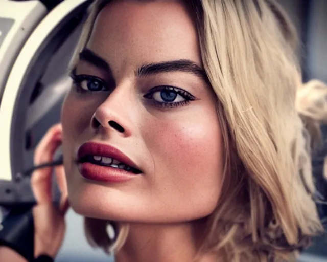 Image similar to a photo of margot robbie sitting on a helicopter, hyper realistic face, beautiful eyes, cinematic, long shot, hyper detailed, 8 5 mm photograph, 8 k resolution, film still, sharp lens, wide lens