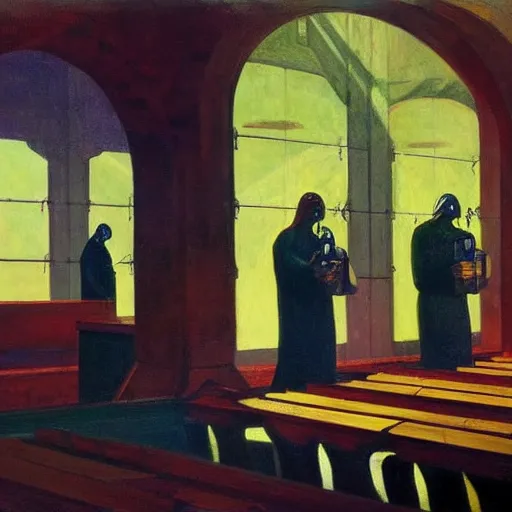 Image similar to apocalyptic scene,prayer,occult,refugees,mosque synagogue interior,gas masks,geometric art,patina,edward hopper