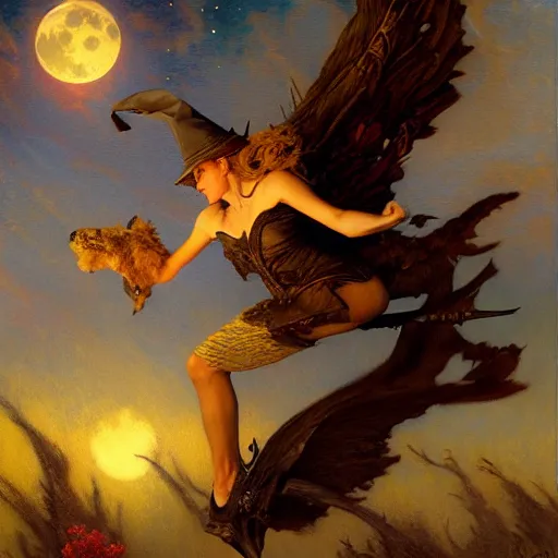 Image similar to witch flying, trough the night, fantasy, full moon in background. highly detailed painting by gaston bussiere, craig mullins, j. c. leyendecker 8 k