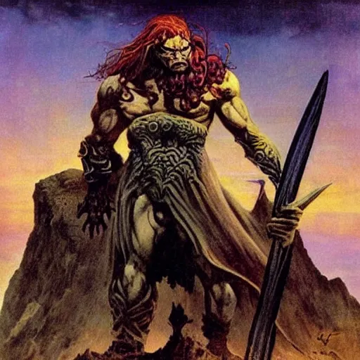 Image similar to symphonic metal album cover of a wizard holding a sword and standing on a cliff near the ocean at night by frank frazetta