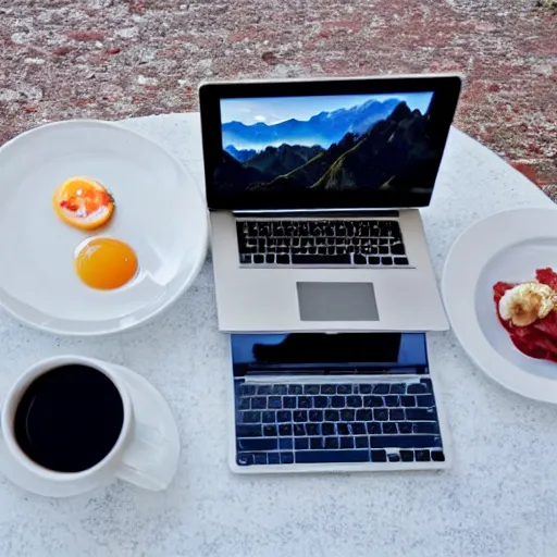 Image similar to beautiful breakfast with mountain view and laptop