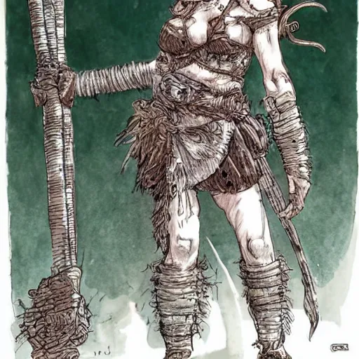 Prompt: A cute barbarian girl by Ian Miller