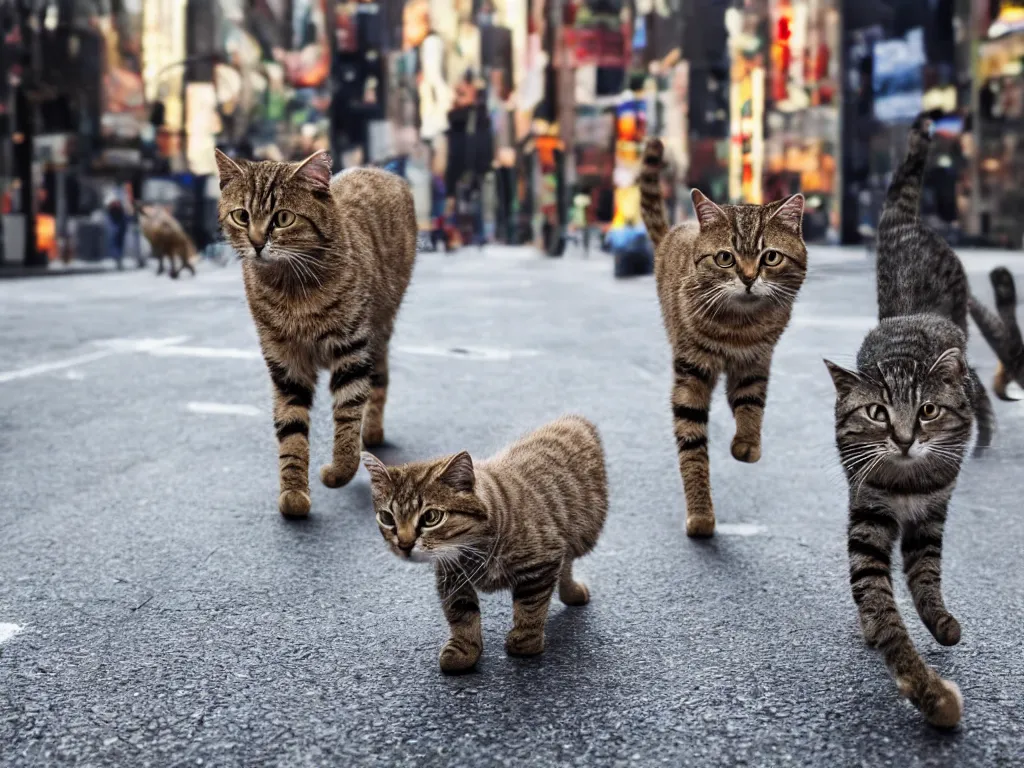 Image similar to cats walking like human in a street of new york, 4k ,ultra realistic details,