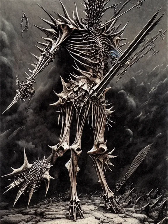 Image similar to A spiky horned skeleton with armored joints stands with a huge two-handed weapon. Extremely high detail, realistic, fantasy art, solo, bones, masterpiece, saturated colors, tangled, ripped flesh, art by Zdzisław Beksiński, Arthur Rackham, Dariusz Zawadzki