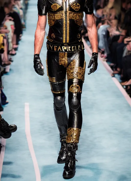 Image similar to hyperrealistic and heavy detailed versace runway show of judge dredd, leica sl 2 5 0 mm, vivid color, high quality, high textured, real life