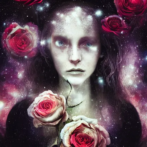 Image similar to Very very very very highly detailed mystic, enigmatic, strange portrait with galaxy, roses, shark's teeth by Brooke Shaden, intricate, extremely detailed, digital painting, artstation, concept art, smooth, sharp focus, illustration, intimidating lighting, incredible art,