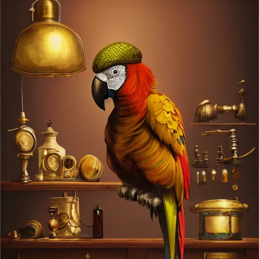 Image similar to Anthropomorphized parrot trader in his shop, portrait, items, weapons, magic potions, trinkets, carpet, lamps, window, fancy hat, sly expression, cunning expression, cute expression, long thick shiny black beak, D&D, fantasy, cinematic lighting, highly detailed, digital painting, artstation, concept art, smooth, sharp focus, illustration, warm light, cozy warm tint, magic the gathering artwork, volumetric lighting, 8k, art by Akihiko Yoshida, Greg Rutkowski