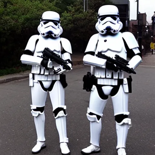 Image similar to two stormtroopers taking pictures with women on the street