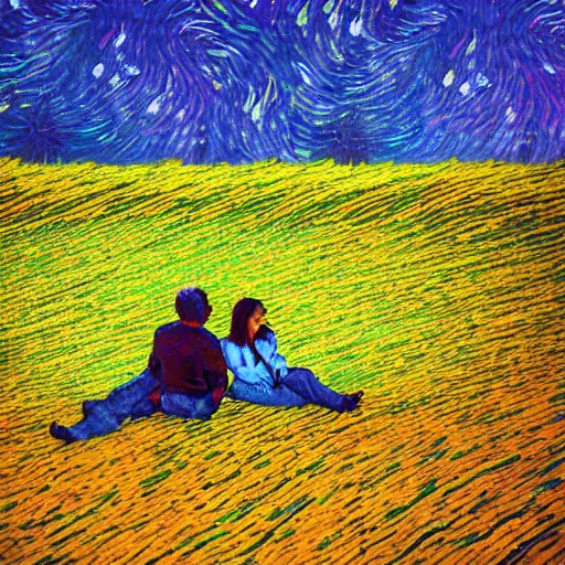 Image similar to A dreaming person sees another far away person above a colourfull van Gogh style field while both person are surrounded by a colourful wind aura around their chests, dream, 40nm lens, shallow depth of field, split lighting, 4k,