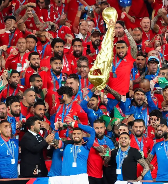 Prompt: arturo vidal lifting the fifa world cup with chilean soccer team in anfield stadium, galactic background