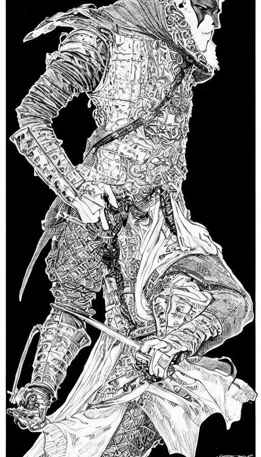 Image similar to a black and white ink fine ink drawing of a thief, from of thrones, in leather armor, fibonacci, sweat drops, intricate fashion clothing, concept art, smooth, sharp focus, portrait, illustration, art by alphonse mucha and travis charest