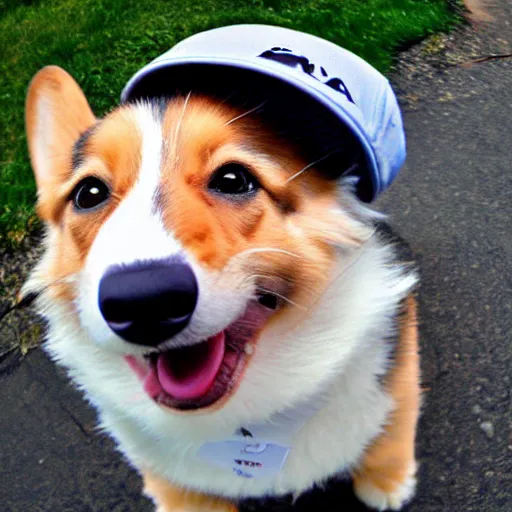 Image similar to Corgi with a cool baseball cap. Fish Eye Lens