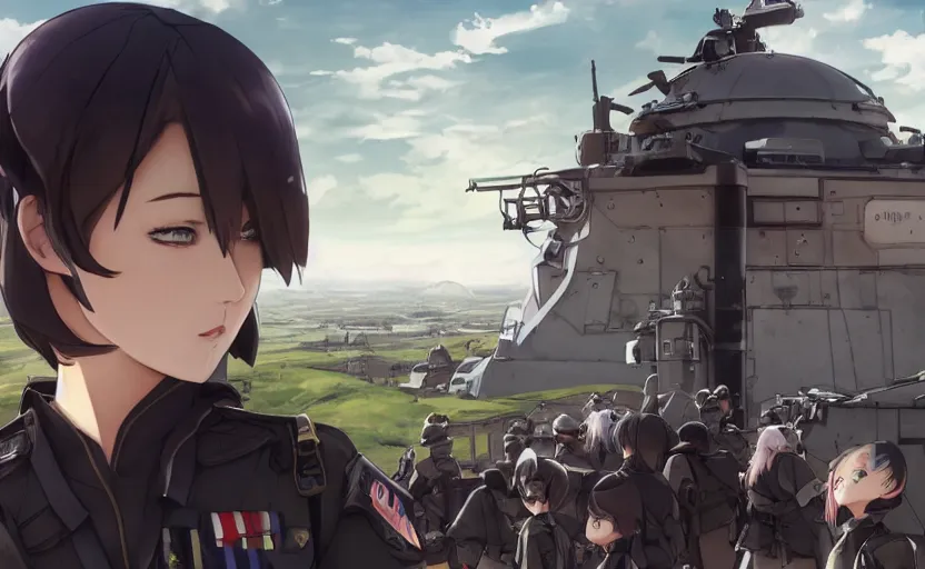 Image similar to panoramic view, girl, soldier clothing, battlefield in background, anime style, short hair, hair down, googles, symmetrical facial features, from arknights, hyper realistic, 4 k, extreme detail, detailed drawing, trending artstation, safebooru, realistic lighting, by alphonse mucha, greg rutkowski, anime eyes, sharp focus