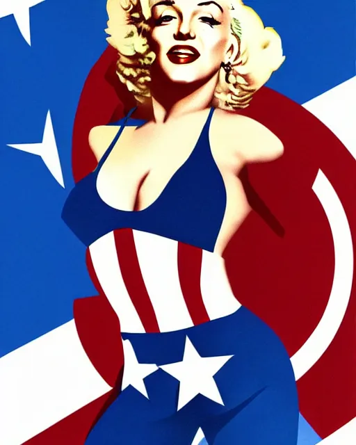 Prompt: Modern color photograph of Marilyn Monroe as Captain America, photorealistic