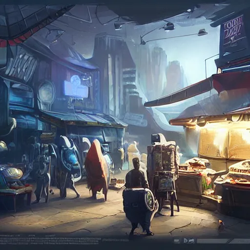 Image similar to alien market with alien vendors and shops, concept art, cinematic lighting, digital painting, artstation, cgsociety, Wayne Haag