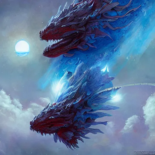 Prompt: prompt crystalline blue scales, dragon in space, biting a planet, sun system, nebula, oil painting, by Fernanda Suarez and and Edgar Maxence and greg rutkowski