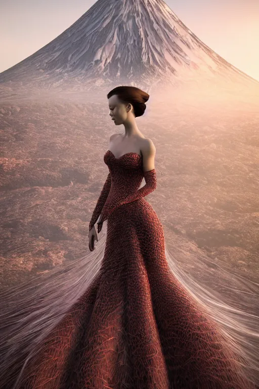 Image similar to a beautiful hyperrealistic ultradetailed 3D, one girl in a magnificent McQueen couture dress stands near a volcano, voge photo, fashion style, fullbody, in full growth, photorealistic, high resolution, trending on artstation, highly detailed, volumetric lighting, elegant, details, good clear quality, volumetric lighting,