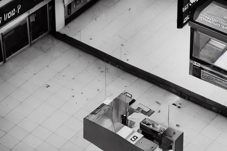 Prompt: a lion in an empty fast food restaurant lobby, overhead view, surveillance, black and white, grainy image,