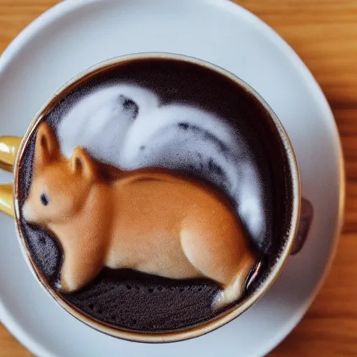 Prompt: A photo of a cup of coffee with latte art in the shape of a shiba inu