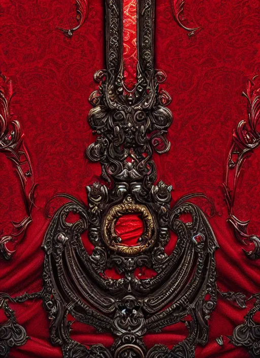 Prompt: digital art of a beautiful decorative ornament on a background of red gucci fabric and black smoke, hyper realistic full of details, canon eos, zbrush, artstation, greg rutkowski