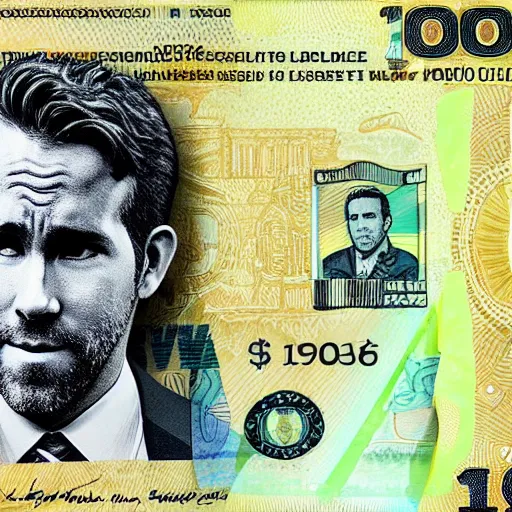 Prompt: ryan reynolds in the style of a hundred us dollar banknote