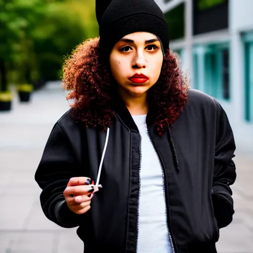 Image similar to Photograph of a mixed woman smoking, wearing a black beanie and black bomber jacket, urban environment, depth of field, 4k, 8k, hd, sigma 85mm f/1.4