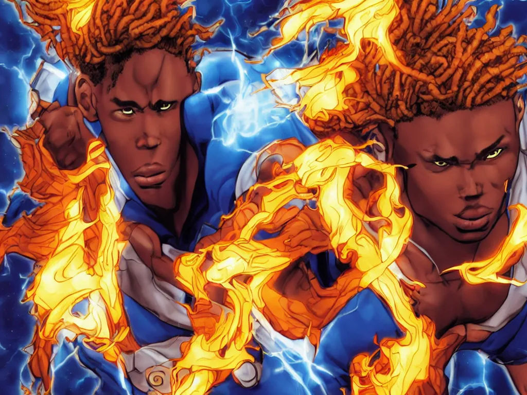 Prompt: a movie scene of a handsome African American Johnny Storm young male superhero of the fantastic four with flaming brown dreadlocks hair, blue uniform with the number 4 on the chest in a round logo, full body, photorealistic, cinematic, high detail, no imperfections, extremely symmetric facial features, hyper realistic, dramatic lighting, unreal engine, octane render, 8k by Kevin Feige