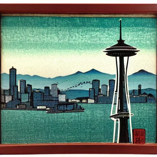 Prompt: The Seattle Space Needle, Japanese woodblock