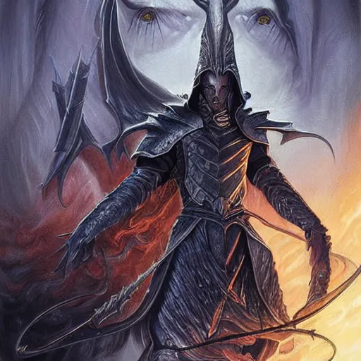 Image similar to Fingolfin duels Morgoth, Silmarillion, fantasy, concept art, high detail, artist Magali Villeneuve