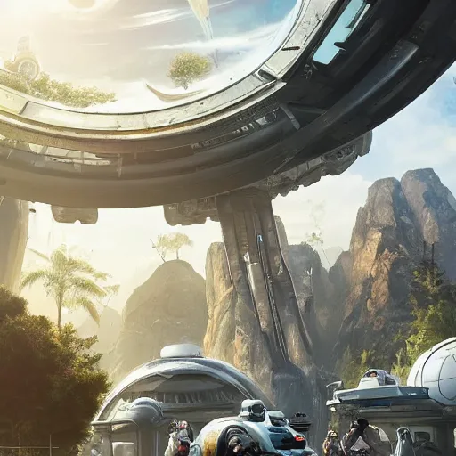 Image similar to clean white sci-fi dome in a pleasant urban setting surrounded by families, peaceful, majestic, in style of apex legends, art station, ultra hd, soft light, overhead sun, ultra hd, art station