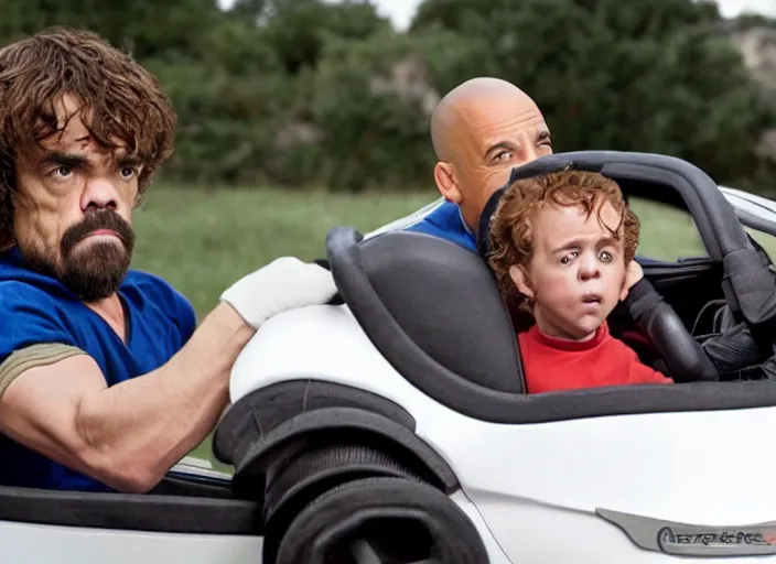 Prompt: peter dinklage racing vin diesel driving a little tikes cozy coupe, movie still, from the new gone in 6 0 seconds movie, 8 k, realistic