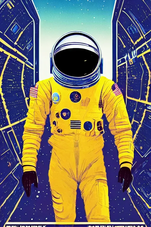 Prompt: poster art, movie poster, retrofuturism, sci - fi, textured, paper texture, 2 0 0 1 : a space odyssey by edward valigursky, yellow space suit, space station